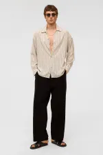 Oversize Uzun Kollu Çizgili Keten Gömlek Siyah