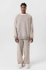 Premıum Yıkamalı Yırtık Detaylı Oversize Eşofman Takım Taş