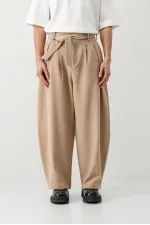 Barrel Fit Tailored Fit Kemerli Pantolon Bej