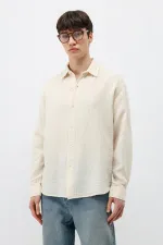 Dokulu Pamuklu Oversize Gömlek Naturel