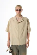 Dikişsiz Kısa Kol Cepsiz Oversize Keten Gömlek Bej