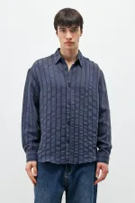 Çizgili Oversize Gömlek Lacivert