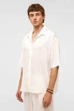 Oversize Striped Short-Sleeved Modal Fabric Shirt, White