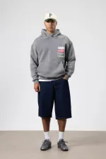Oversize Yıkamalı Baskılı Kapüşonlu Sweatshirt Füme