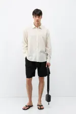 Dokulu Keten Görünümlü Oversize Gömlek Naturel