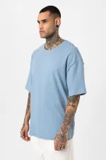 Arka Yazı Baskılı Oversize Triko Tişört Mavi