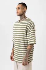 T-shirt rayé oversize en maille kaki