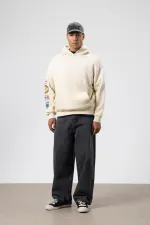 Oversize Baskılı Kapüşonlu Sweatshirt Bej