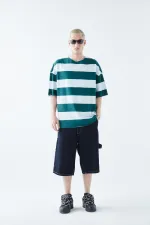 Dijital Baskılı Şeritli %100 Pamuk Oversize Tişört Petrol