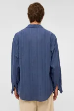 Oversize Çizgili Uzun Kollu Keten Gömlek Lacivert