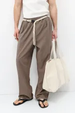 Kemer Detaylı Oversize Keten Pantolon Vizon