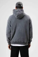 Oversize Washed Print Hooded Sweatshirt Black