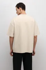 Basic Oversize Bisiklet Yaka Tişört Bej