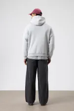 Oversize Yıkamalı Baskılı Kapüşonlu Sweatshirt Açık Gri