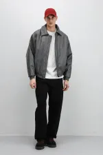 Oversize Deri Bomber Ceket Gri