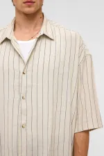 Oversize Çizgili Kısa Kollu Keten Gömlek İndigo