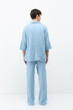 Müslin Kumaş Rahat Kalıp Keten Takım Bebe Mavi