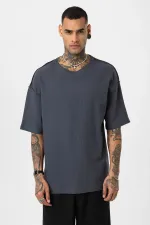 Arka Yazı Baskılı Oversize Triko Tişört Füme