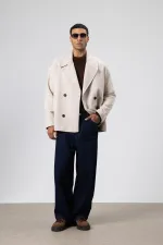 Oversize Kruvaze Kısa Kaşe Ceket Açık Bej