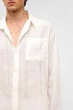 Oversize Çizgili Uzun Kollu Keten Gömlek Ekru