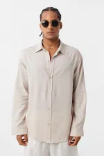 Basic Oversize Uzun Kollu Keten Gömlek Bej
