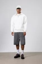 Sweat-shirt basique à fermeture éclair et col montant, écru