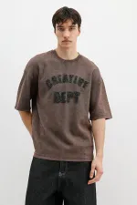 Yıkamalı Yazı Baskılı Oversize Tişört Kahve