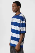 Yıkamalı Şeritli Oversize Tişört Mavi - Beyaz