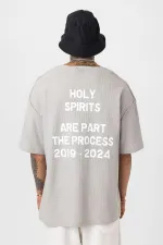 Arka Yazı Baskılı Oversize Triko Tişört Gri