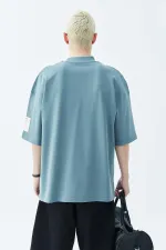 Balıkçı Yaka Etiket Detaylı Oversize Tişört - Açık Füme Füme