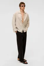 Oversize Uzun Kollu Çizgili Keten Gömlek Siyah