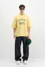 Yıkamalı Yazı Baskılı Oversize Tişört Sarı