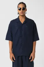 Double Pocket Oversize Linen Shirt Navy Blue