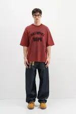 Yıkamalı Yazı Baskılı Oversize Tişört Bordo