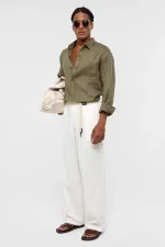 %100 Keten Oversize Uzun Kollu Gömlek Haki