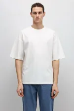 Basic Oversize Bisiklet Yaka Tişört Ekru