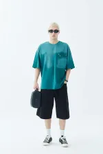 Yıkamalı Cep Detaylı Oversize Tişört Petrol