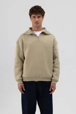 Sweat-shirt basique à fermeture éclair et col montant kaki