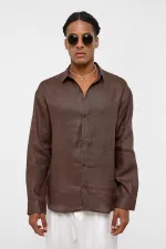 100% Linen Oversize Long-Sleeve Shirt, Coffee
