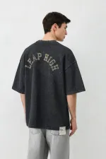 Yıkamalı Baskılı Oversize Tişört Siyah