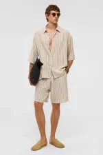 Oversize Çizgili Keten Şort Siyah