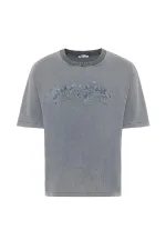 Yıkamalı Oversize Baskılı Tişört Gri