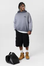 Premıum Yıkamalı Yazı Detaylı Oversize Kapüşonlu Sweatshirt Gri