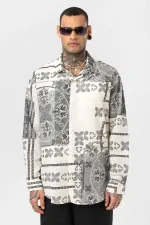 Chemise oversize à motifs ethniques, noire