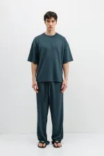 Ribbed Textured Baggy Sweatpants Petrol