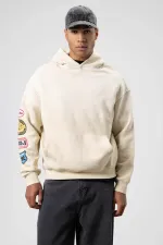 Oversize Baskılı Kapüşonlu Sweatshirt Bej
