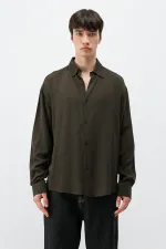 Hafif Dokulu Oversize Gömlek Kahve