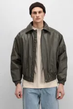 Blouson aviateur oversize en cuir kaki