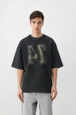 Yıkamalı Baskılı Oversize Tişört Siyah