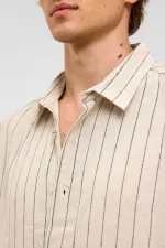 Oversize Çizgili Kısa Kollu Keten Gömlek Siyah